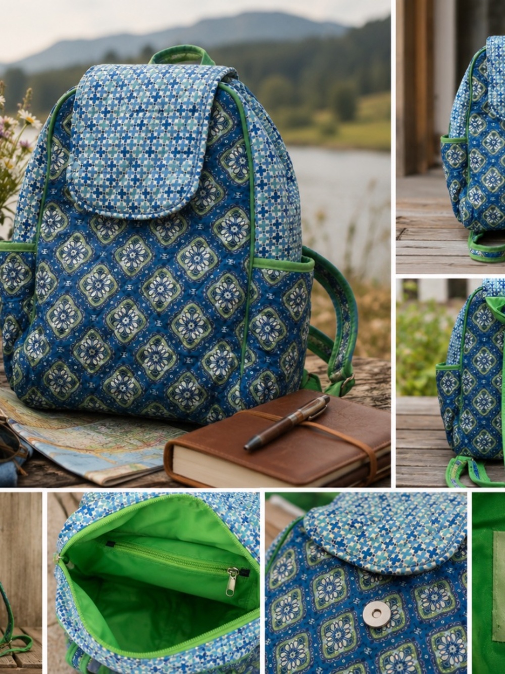 Quilted Mini Backpack Blue Green Floral Geometric Small Daypack with Flap & Pock
